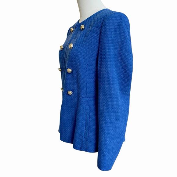 Zara Textured Blue Blazer Jacket Gold Buttons Hook Eye Closure Cotton Medium - Picture 11 of 16